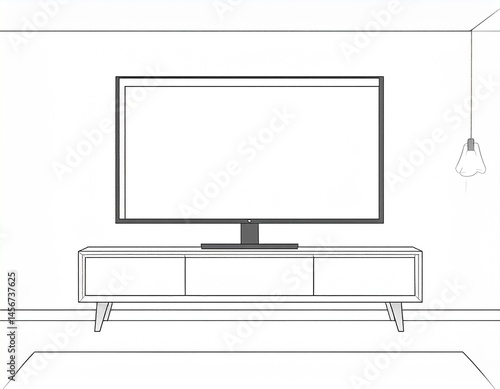 Monochrome rendering of a modern living room showcasing a large television on a sleek console. A simple lamp hangs from the ceiling