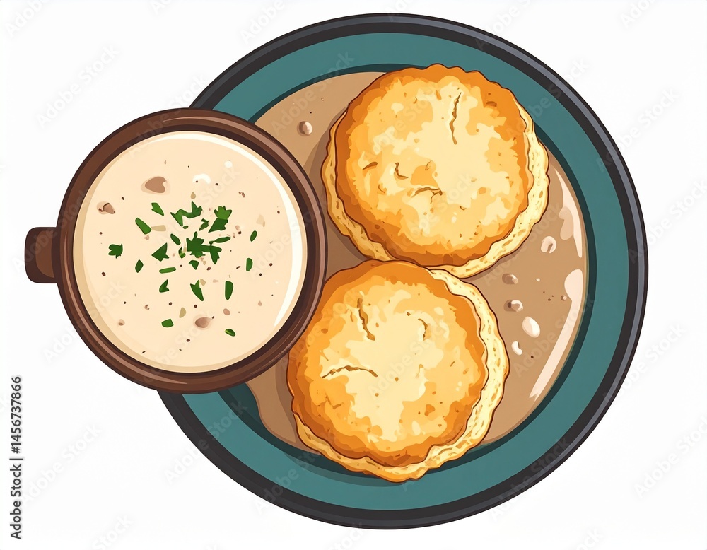 A delicious illustration depicts biscuits and gravy, with a side of creamy soup. A hearty meal, served on a plate