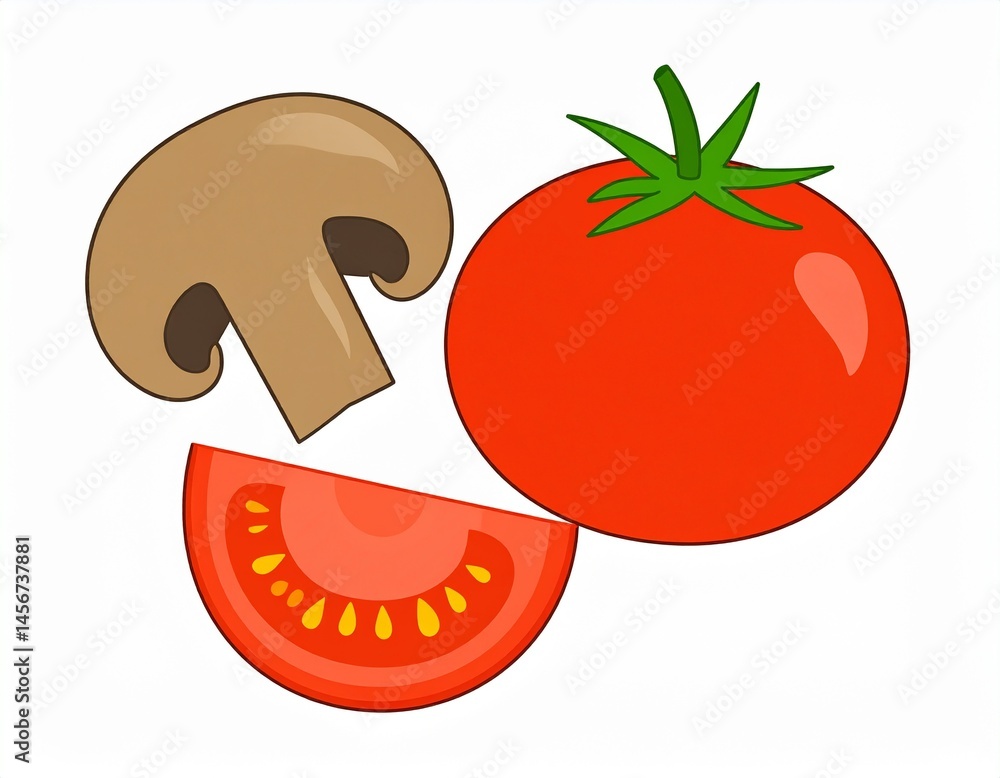 Cartoon vegetables feature a tomato, mushroom, and a tomato slice against a white background. Perfect for food-related visuals