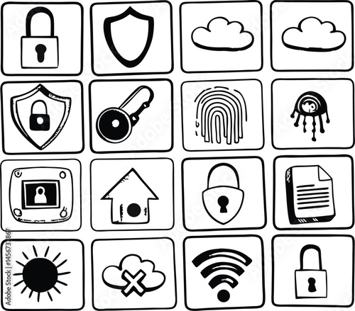Cybersecurity Icon Set – Data Protection, Firewall, Encryption, Hacking Prevention Symbols