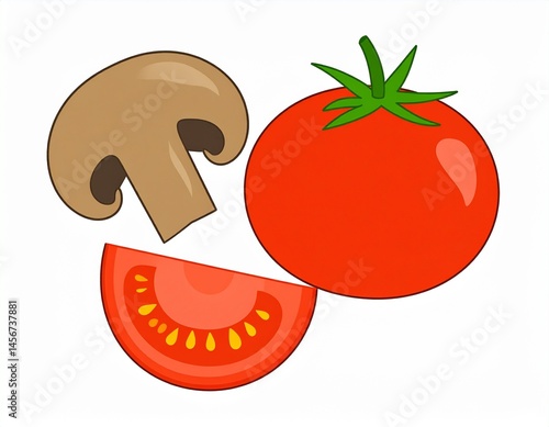 Obraz na płótnie Cartoon vegetables feature a tomato, mushroom, and a tomato slice against a white background. Perfect for food-related visuals w salonie