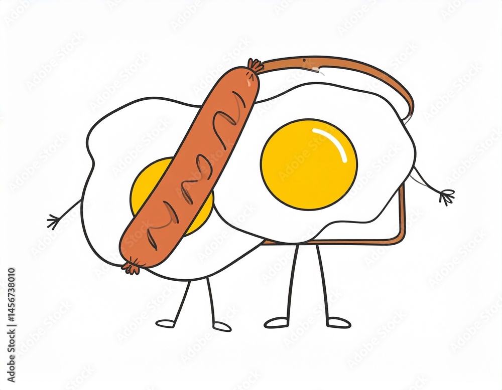 Whimsical breakfast scene featuring eggs, sausage, and toast with cartoonish limbs