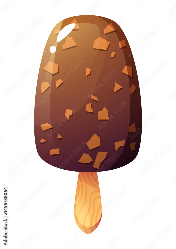 Ice cream on a wooden stick, popsicle, plombir. Chocolate ice cream with nut pieces. Summer dessert. Summer themed design. Ice cream on a wooden stick, popsicle, plombir. Chocolate ice cream with nut pieces. Summer dessert. Summer themed design.