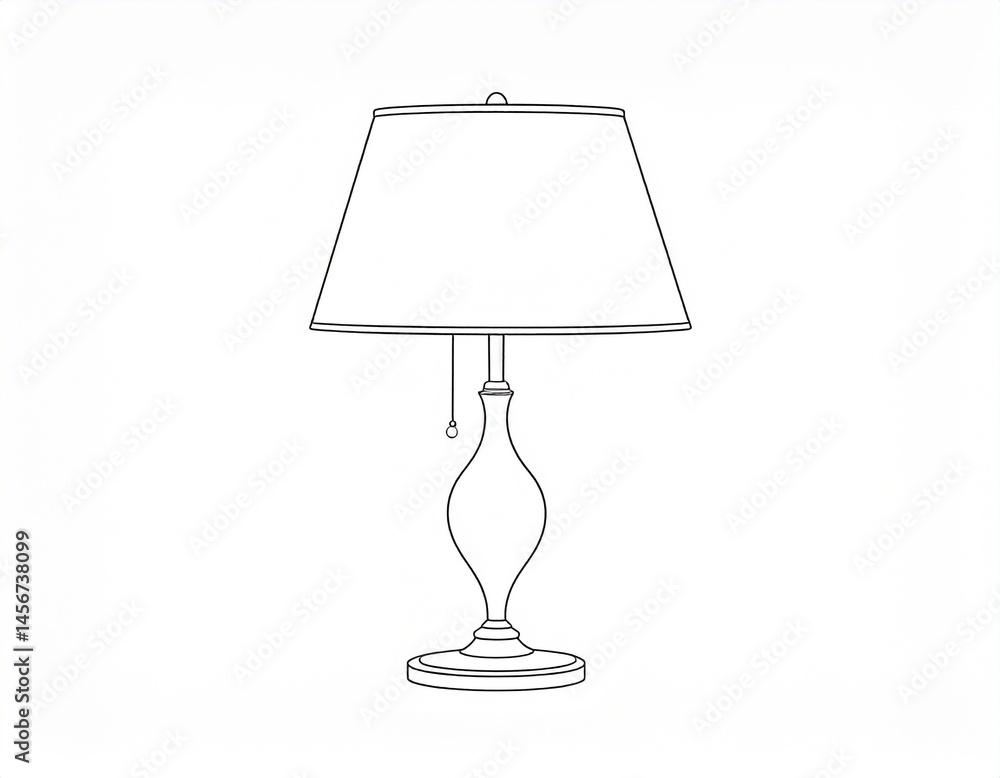 Lamp illustration, featuring a shade on top of a curvy stand with a pull chain