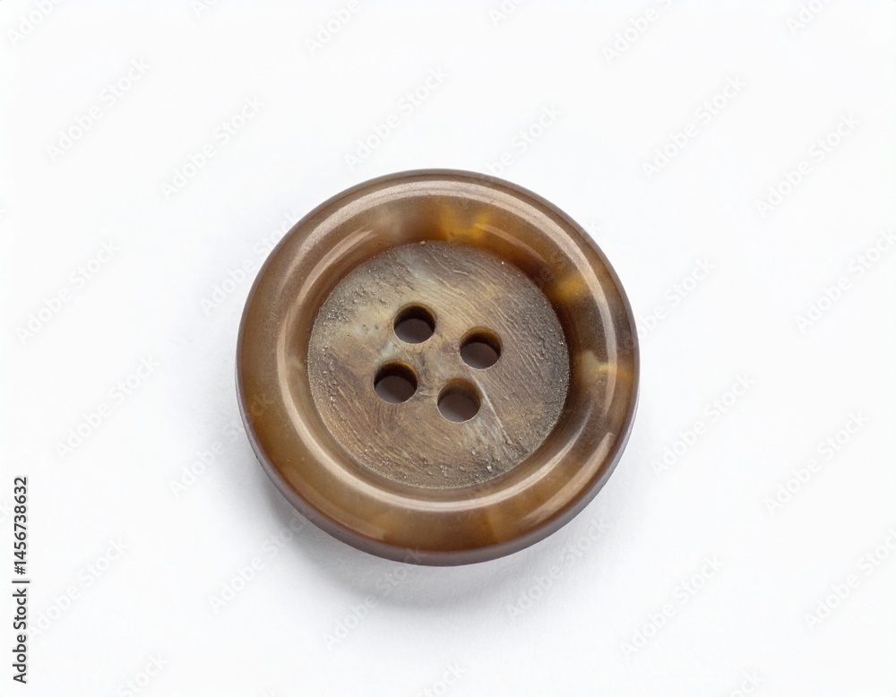 A brown, four-holed button with mottled texture sits on a white surface with shadow