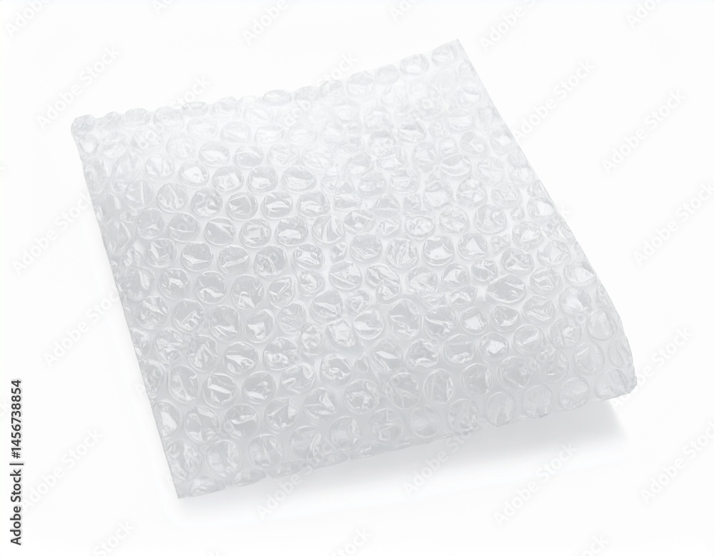 Clear sheet with air-filled bubbles, diagonally angled and slightly curled on a white surface