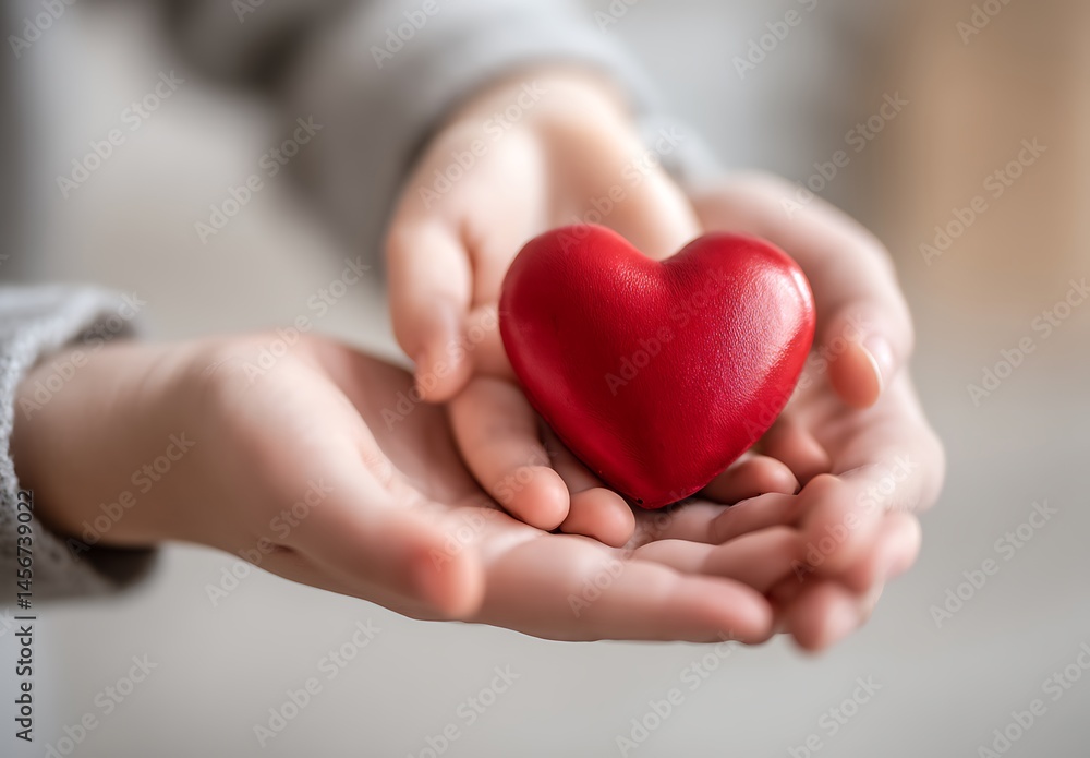 Childs Hands Gently Holding a Red Heart Symbol of Love Care and Compassion Childs Hands Gently Holding a Red Heart Symbol of Love Care and Compassion