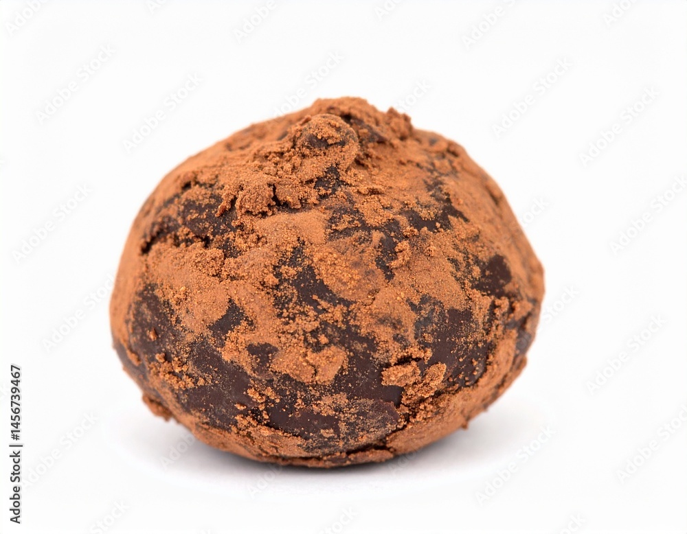 Round dessert treat dusted with cocoa powder, sitting alone on a stark white backdrop
