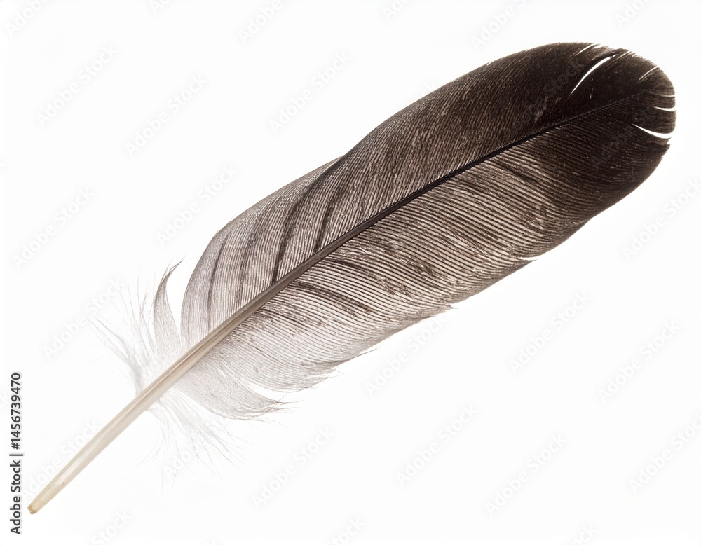 A single, detailed bird feather isolated on a white background, showcasing its natural textures and color gradient