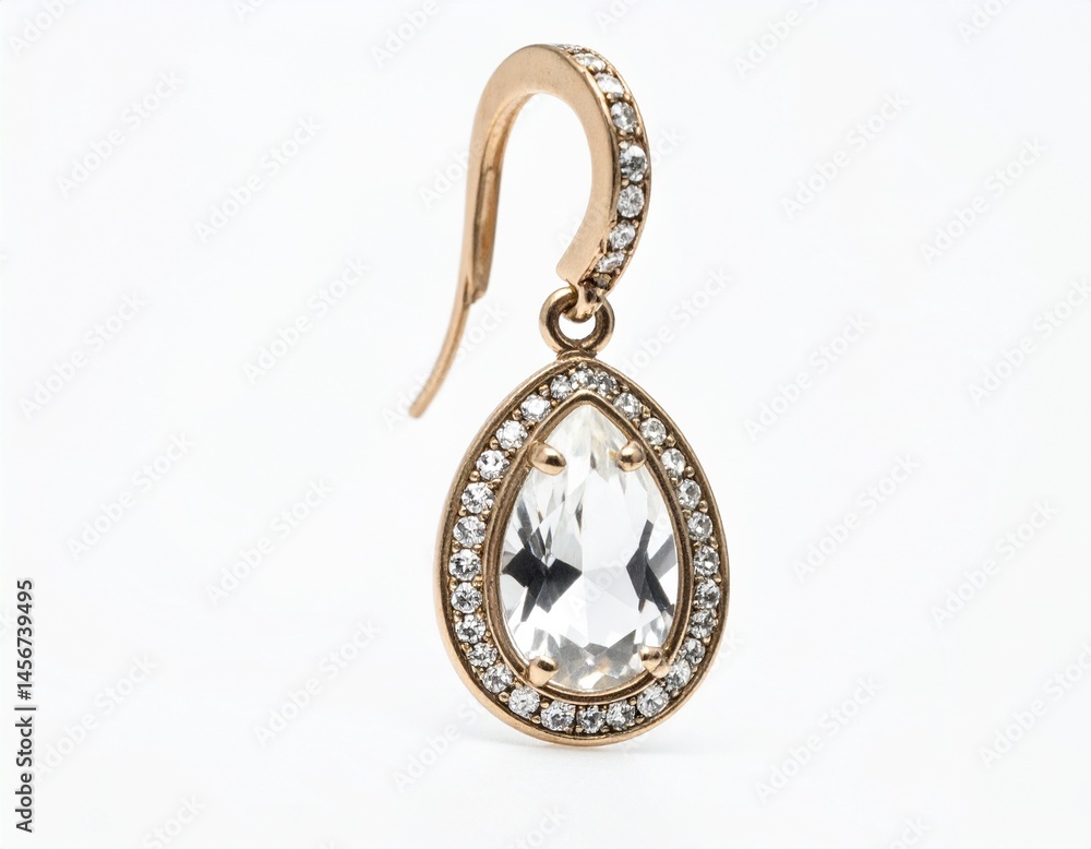 Dangle earring with clear teardrop gem encircled by gems, suspended from a curved hook