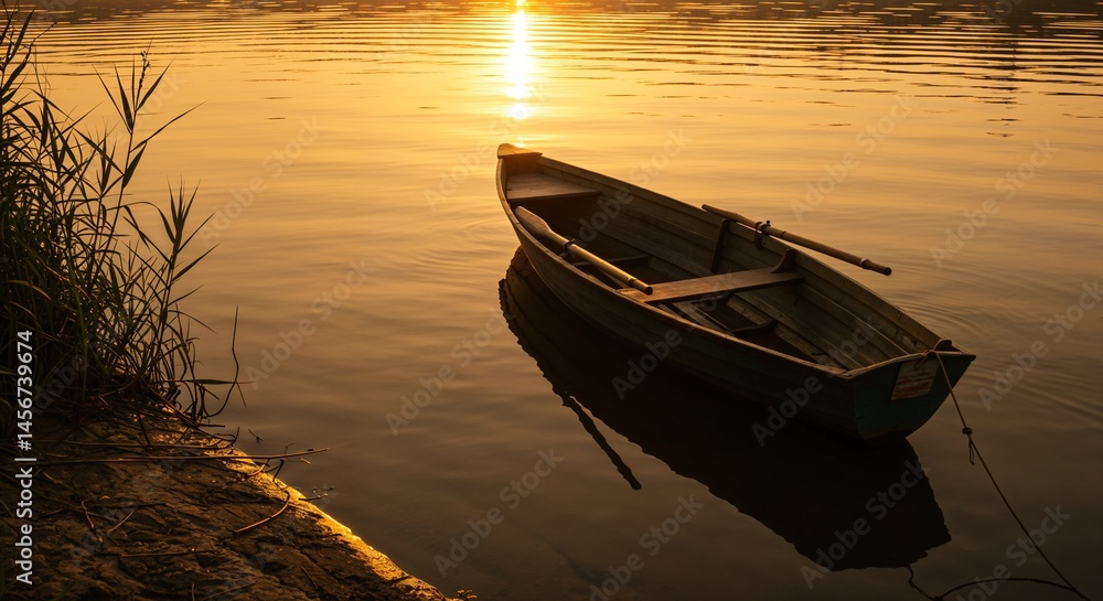 Obraz premium Tranquil Sunrise Boat at Lakeside Shore