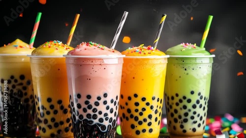 Creative boba tea cups with vibrant colors and unique toppings displayed in a fun and lively setting