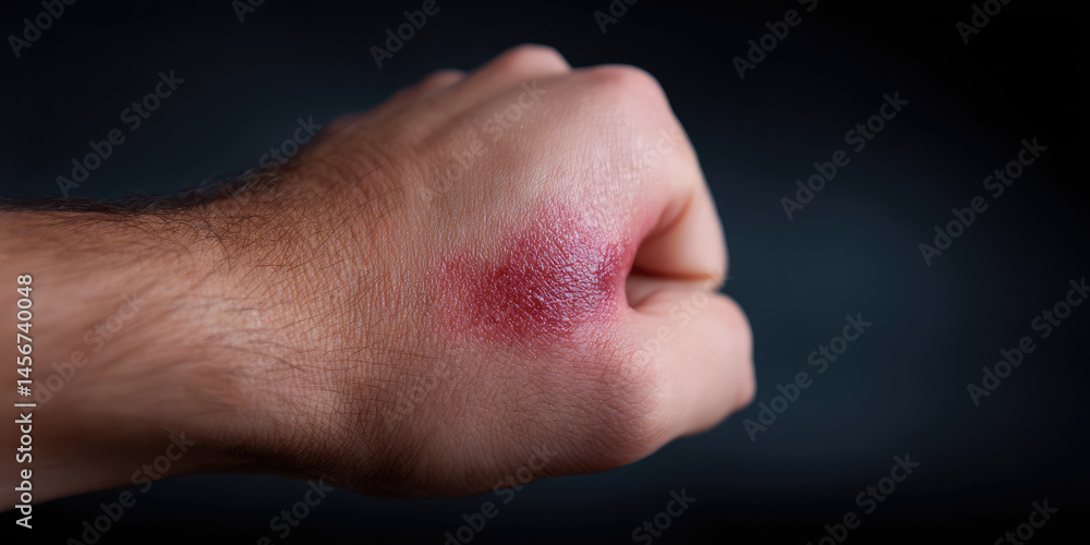 Fototapeta premium A hand with a bruise on the knuckle is clenched into a fist. Injury, pain, bruise