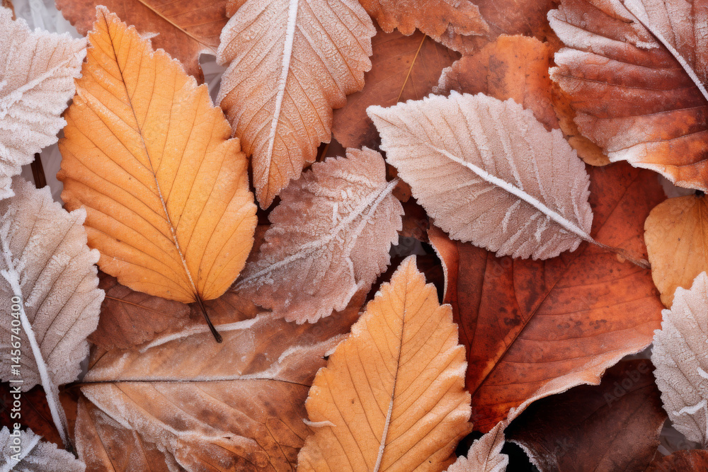frosted autumn tree leaves on ground with copy space for text frosted autumn tree leaves on ground with copy space for text