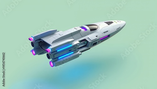 Isometric Pixel Art Spaceship with Blue Purple Glowing Engines Isolated on Green Screen