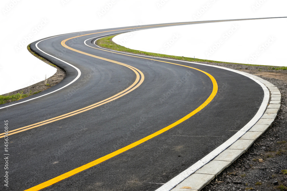 Obraz premium A curved road with yellow and white markings bordered by reflective barriers, offering a sense of direction and perspective. Isolated on a transparent background