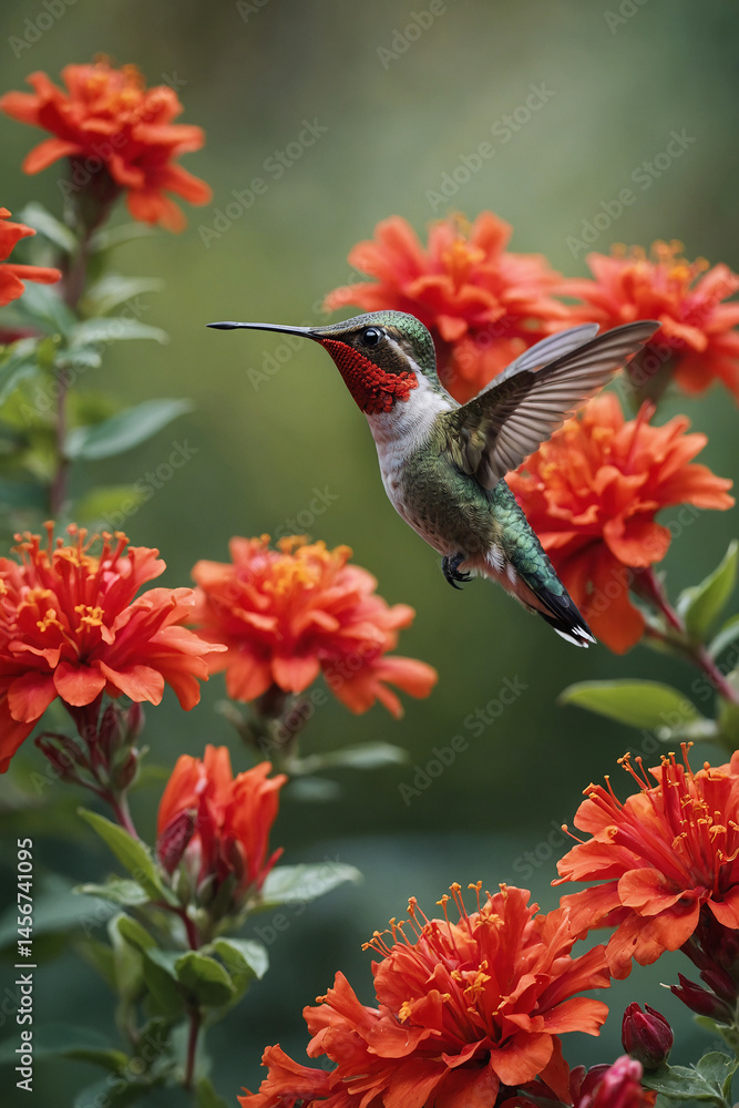 Fototapeta premium Close-up of a hummingbird hovering near vibrant red flowers