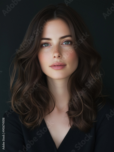 Studio portrait of a beautiful brunette woman with soft wavy hair, on a dark charcoal background. Subject centered, facing forward with a calm, confident expression.