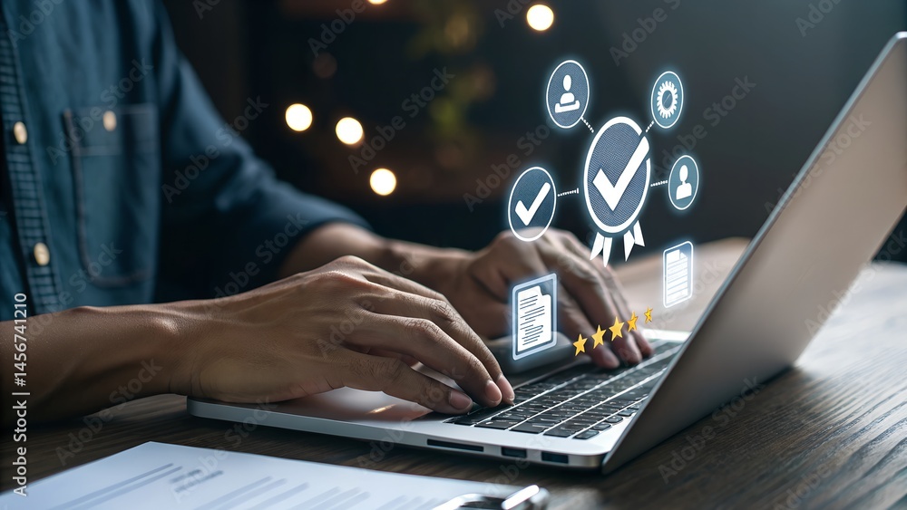 Businessman using laptop with quality assurance and document icon for ISO or International Standard Organization which related quality control and continuous improvement concept Businessman using laptop with quality assurance and document icon for ISO or International Standard Organization which related quality control and continuous improvement concept