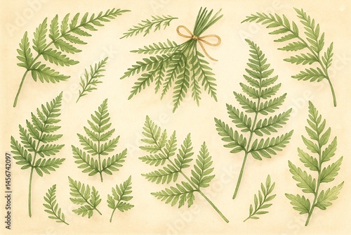 Watercolor fern leaves on vintage paper background
