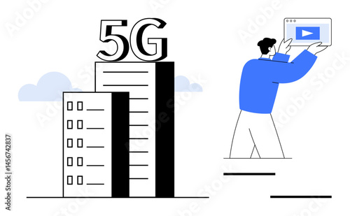 Man holds device streaming video with play button near modern building labeled 5G. Ideal for technology, connectivity, innovation, urban development, wireless communication, streaming services