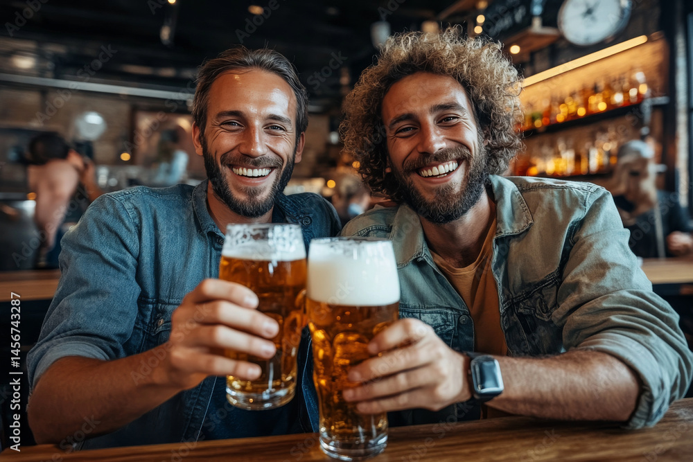 two handsome men drinking beer in the pub two handsome men drinking beer in the pub