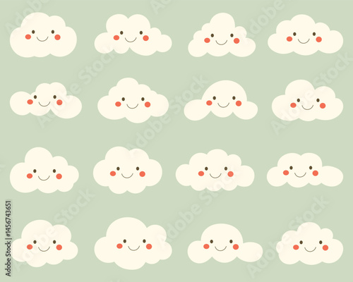 Cartoon cloud pattern with smiling faces and rosy cheeks arranged in a grid against a light green background. Whimsical, sweet, and cheerful.