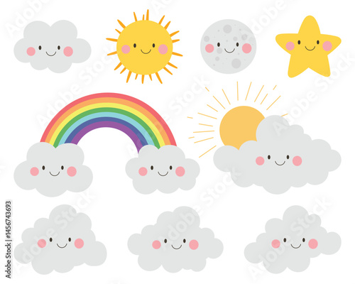 A charming, cartoon-style illustration featuring celestial objects such as clouds, sun, moon, star, and a rainbow, all with smiling faces.