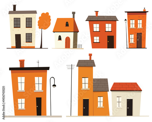 Whimsical street scene with uniquely designed cartoon houses in cheerful colors against a plain background evoking a playful neighborhood feel.