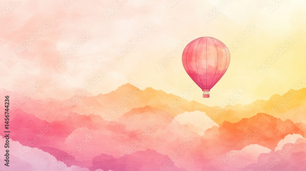 Obraz premium Minimalist hot air balloon floating in pastel gradient sky with dreamy pink clouds background with place for text