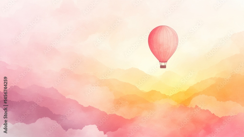 Obraz premium Minimalist hot air balloon floating in pastel gradient sky with dreamy pink clouds background with place for text