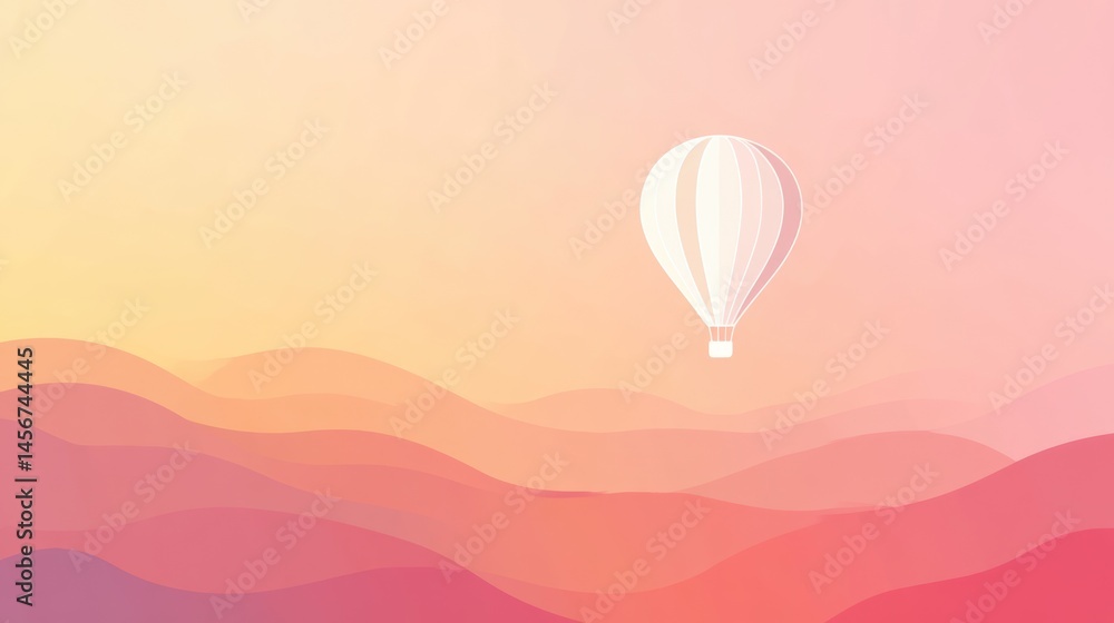 Obraz premium Minimalist hot air balloon floating in pastel gradient sky with dreamy pink clouds background with place for text