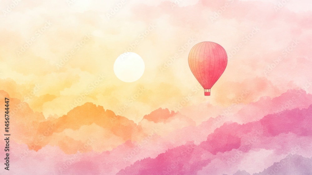 Obraz premium Minimalist hot air balloon floating in pastel gradient sky with dreamy pink clouds background with place for text