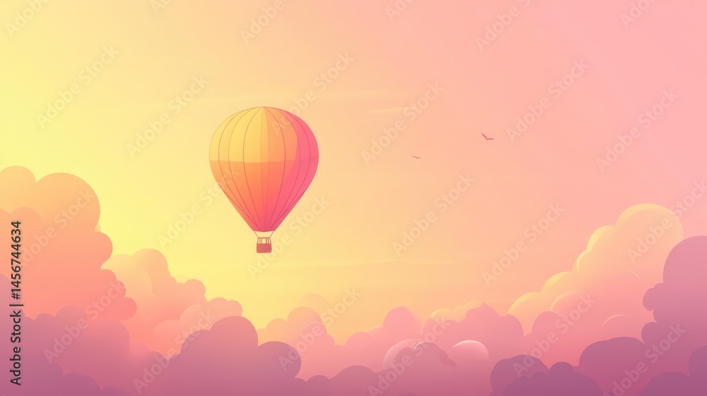 Obraz premium Minimalist hot air balloon floating in pastel gradient sky with dreamy pink clouds background with place for text