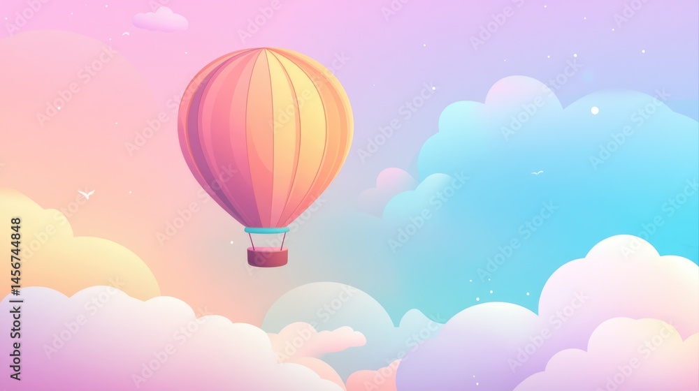 Fototapeta premium Dreamy pastel hot air balloon floating in magical cotton candy sky background with place for text