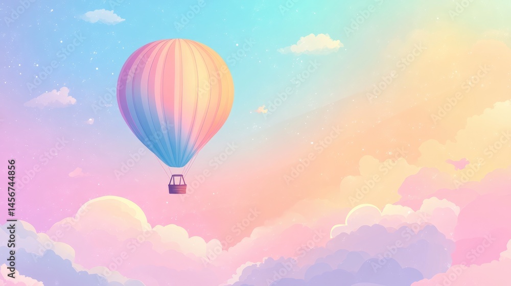 Fototapeta premium Dreamy pastel hot air balloon floating in magical cotton candy sky background with place for text