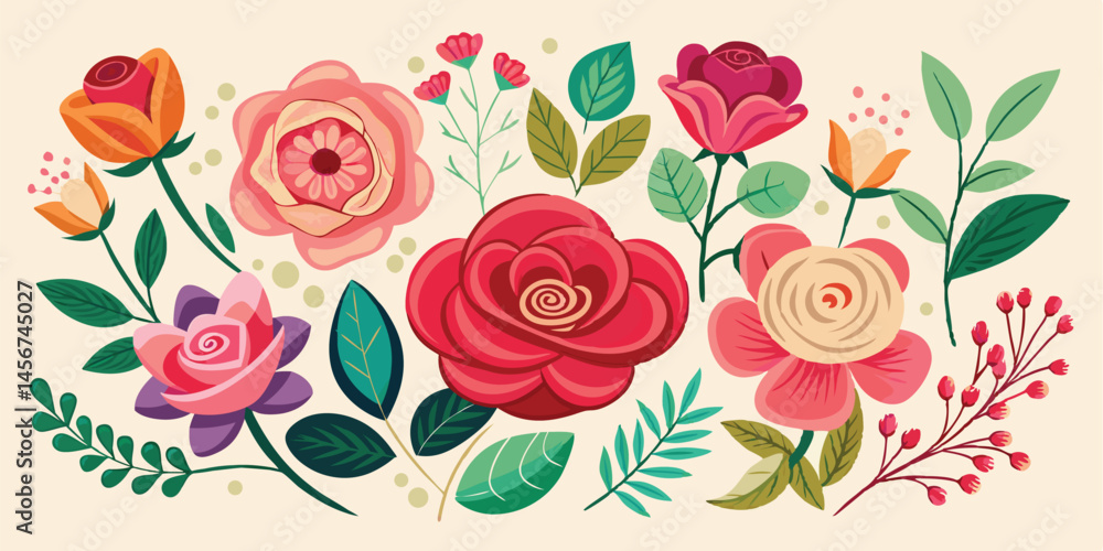 Beautiful floral vector design with roses and leaves for spring or summer Beautiful floral vector design with roses and leaves for spring or summer