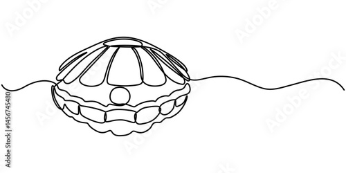 One continuous single-line drawing of a seashell. One-line art of beauty product pearl minimalist, Pearl in a seashell one line art drawing, Continuous abstract one line drawing of sea shell icon. 