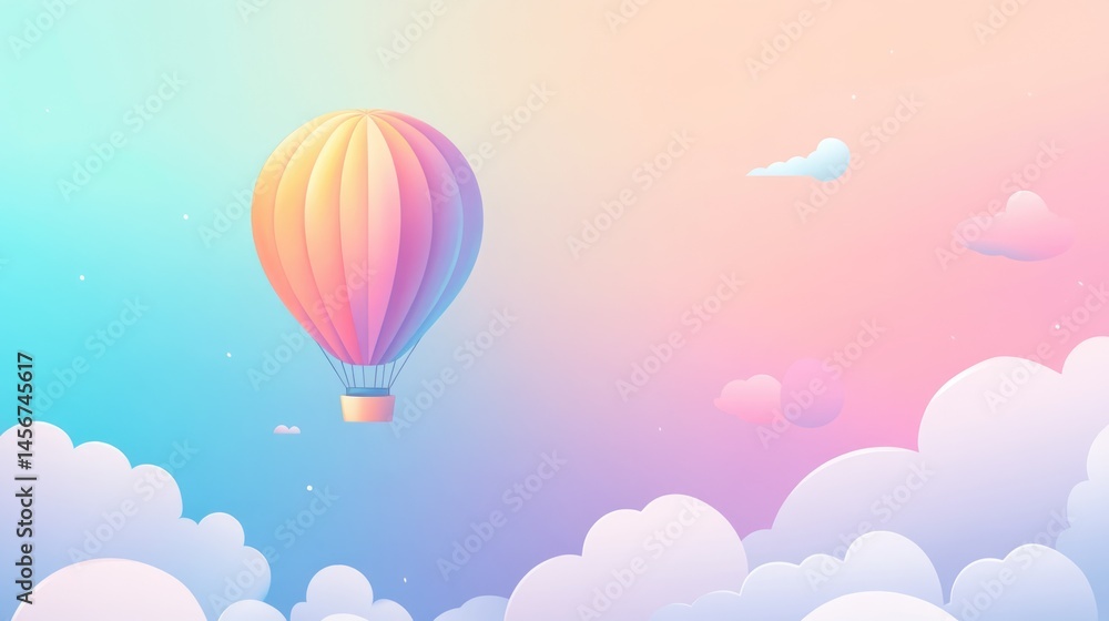 Obraz premium Dreamy pastel hot air balloon floating in magical cotton candy sky background with place for text