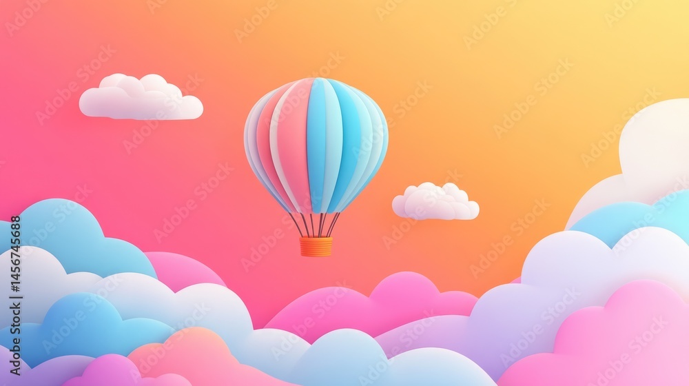 Fototapeta premium Dreamy pastel hot air balloon floating in magical cotton candy sky background with place for text