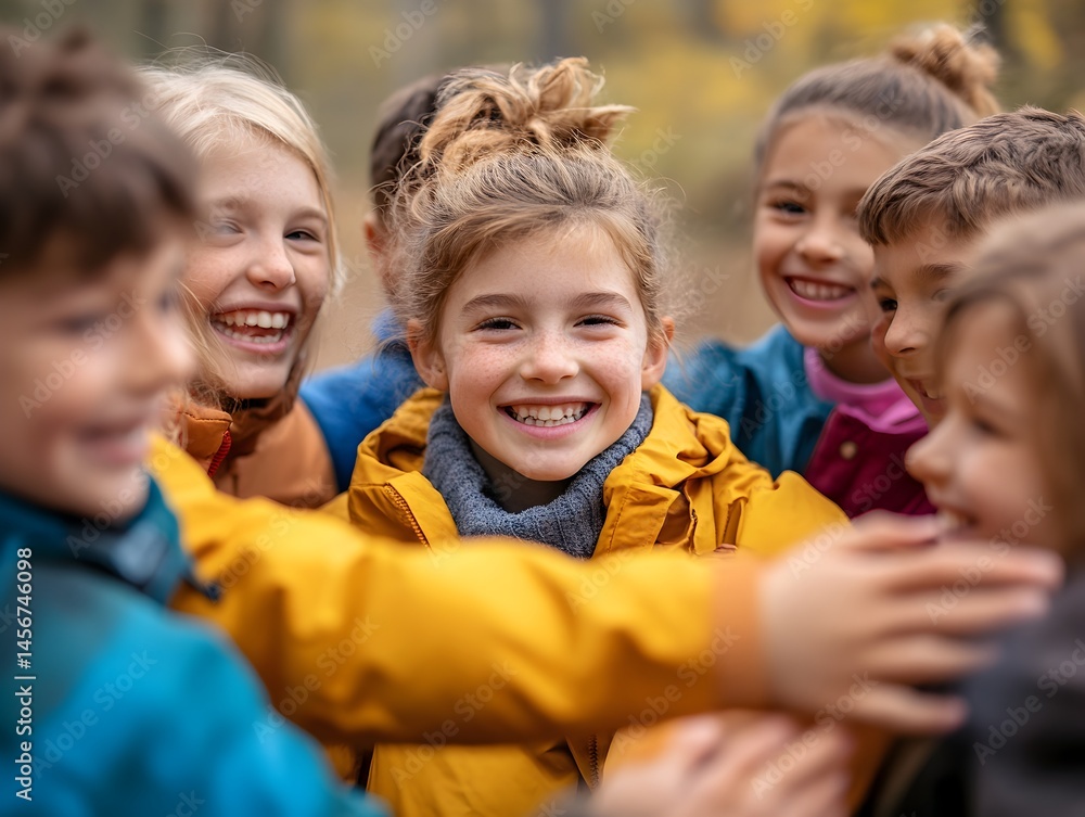 Fototapeta premium Happy children embrace in a heartwarming group hug outdoors du autumn surrounded by colorful foliage and smiling faces.