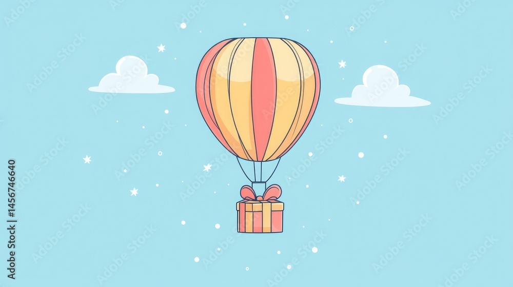 Fototapeta premium Cute cartoon hot air balloon carrying gift box with hearts and stars in blue sky background