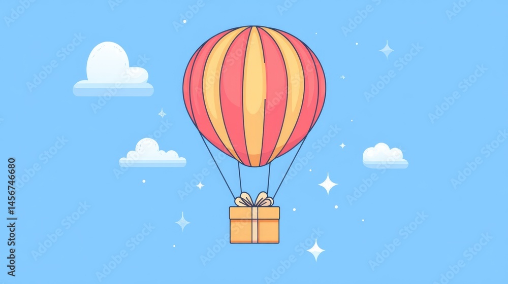 Fototapeta premium Cute cartoon hot air balloon carrying gift box with hearts and stars in blue sky background