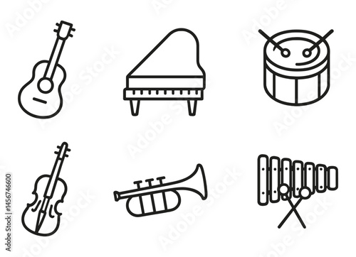 Musical instrument icons: guitar, piano, drum, violin, trumpet, xylophone