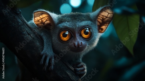 Cute primate with large yellow eyes perched on a tree branch in a dense forest during twilight