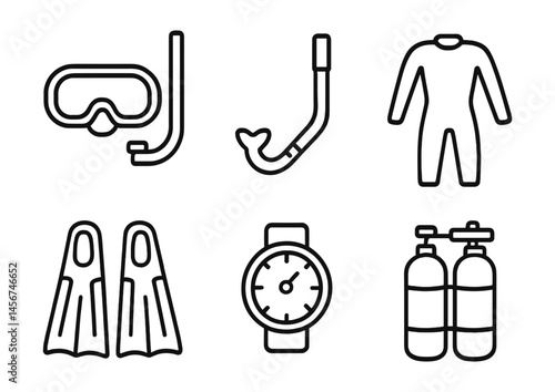 Scuba diving gear icons: mask, snorkel, wetsuit, fins, dive watch, air tanks