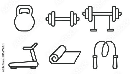 Set of fitness icons: dumbbells, kettlebell, treadmill, yoga mat, jump rope