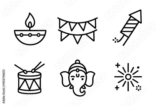 Diwali icons: diya, garland, firecracker, drum, ganesha, sparkler in black and white outline