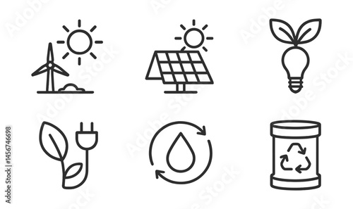 Eco-friendly icons: solar, wind energy, recycling, sustainability symbols