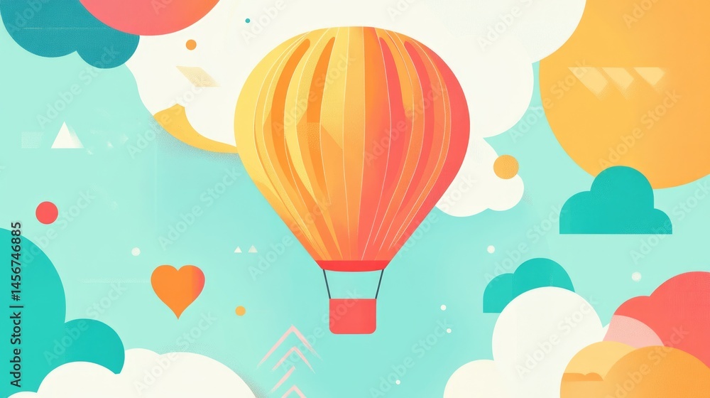 Naklejka premium Colorful hot air balloons with coral geometric shapes and clouds background